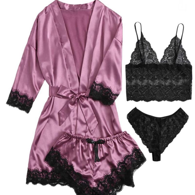 NEU Damen-Pyjama-Set aus reiner Seide und Satin, 4-teilig, Blumen-Spitzenbesatz, Cami-Dessous, Nachtwäsche mit Robe XL violett von Joom DACH