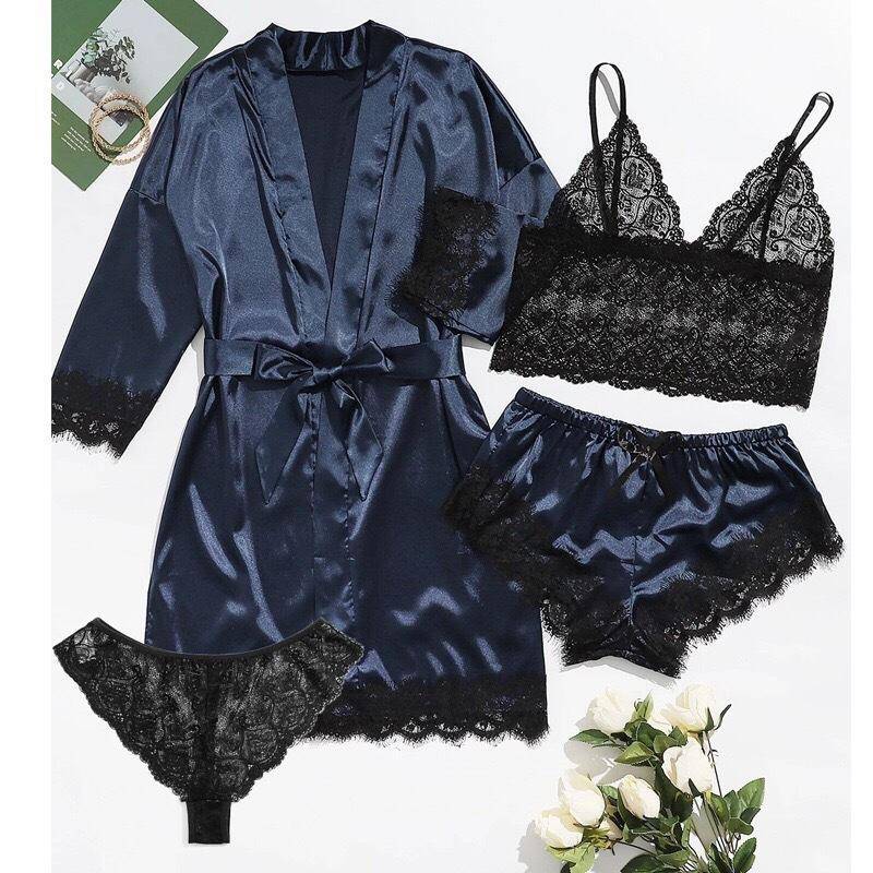 NEU Damen-Pyjama-Set aus reiner Seide und Satin, 4-teilig, Blumen-Spitzenbesatz, Cami-Dessous, Nachtwäsche mit Robe XXL navy blau von Joom DACH