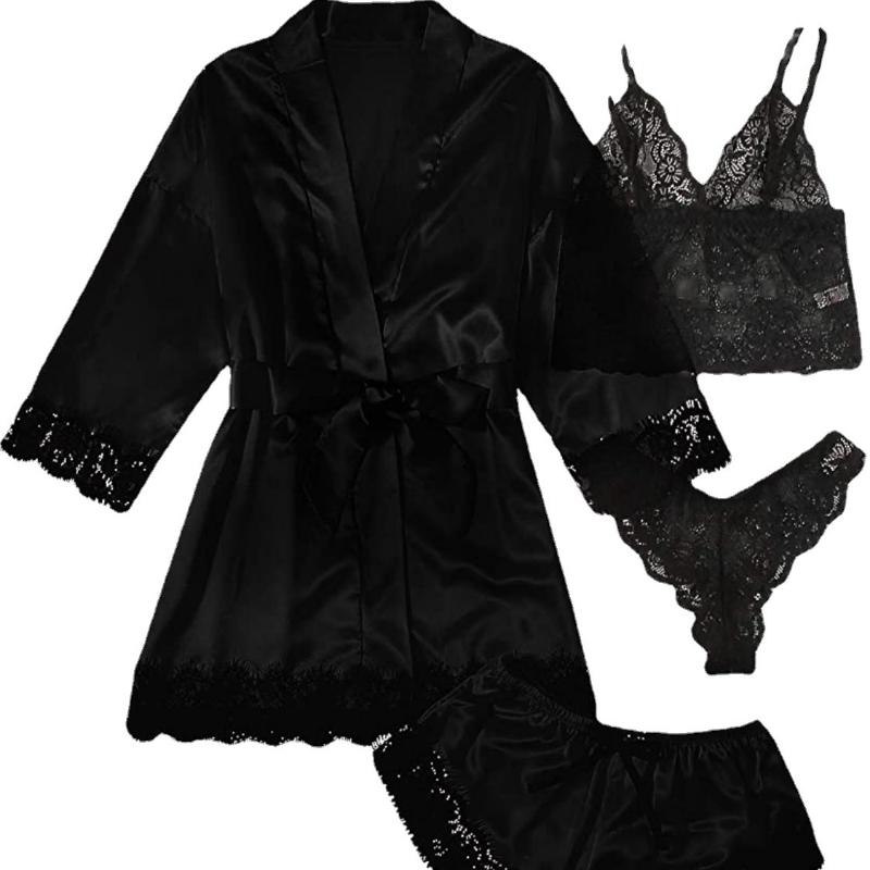 NEU Damen-Pyjama-Set aus reiner Seide und Satin, 4-teilig, Blumen-Spitzenbesatz, Cami-Dessous, Nachtwäsche mit Robe XXL schwarz von Joom DACH