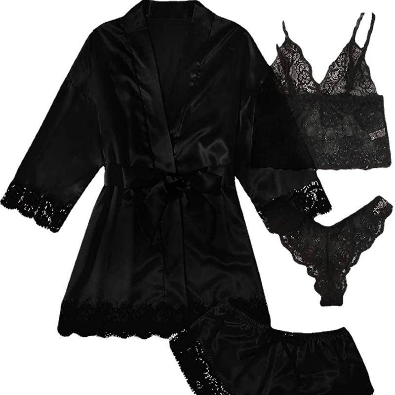 NEU Damen-Pyjama-Set aus reiner Seide und Satin, 4-teilig, Blumen-Spitzenbesatz, Cami-Dessous, Nachtwäsche mit Robe XXL schwarz von Joom DACH