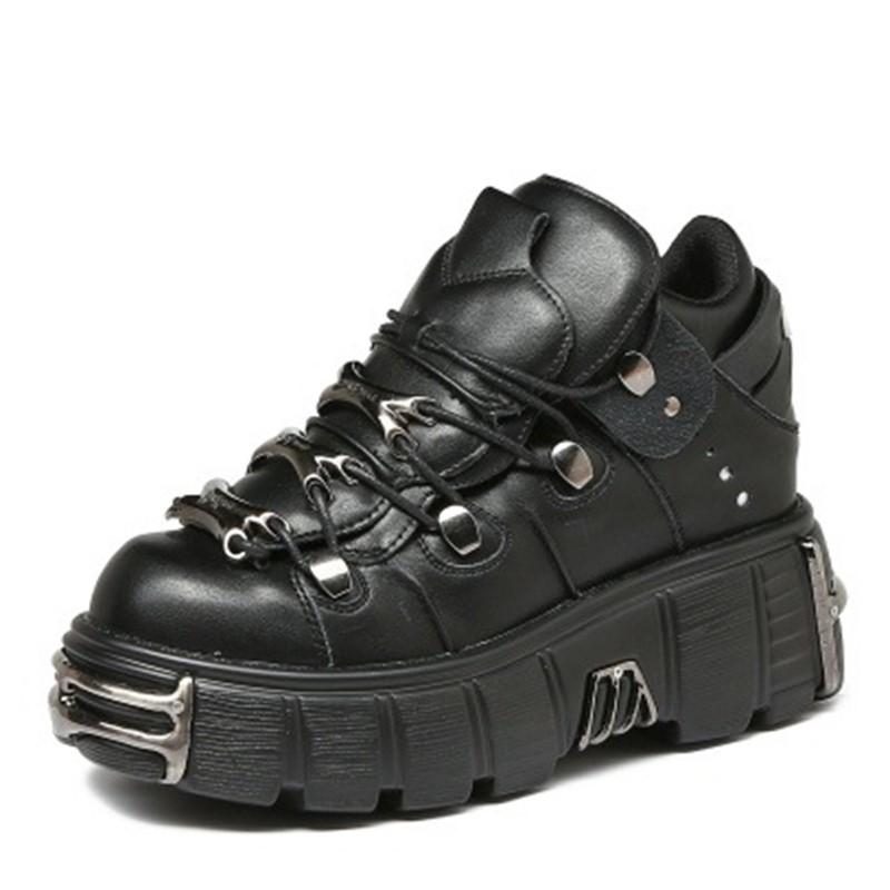 NEU Damenschuhe im Punk-Stil mit Schnürung und Plateauschuhen mit Absatzhöhe, Gothic-Stiefeletten, Rock-Stiefel mit Metalldekor, Damen-Sneakers 36-45 36 schwarz von Joom DACH