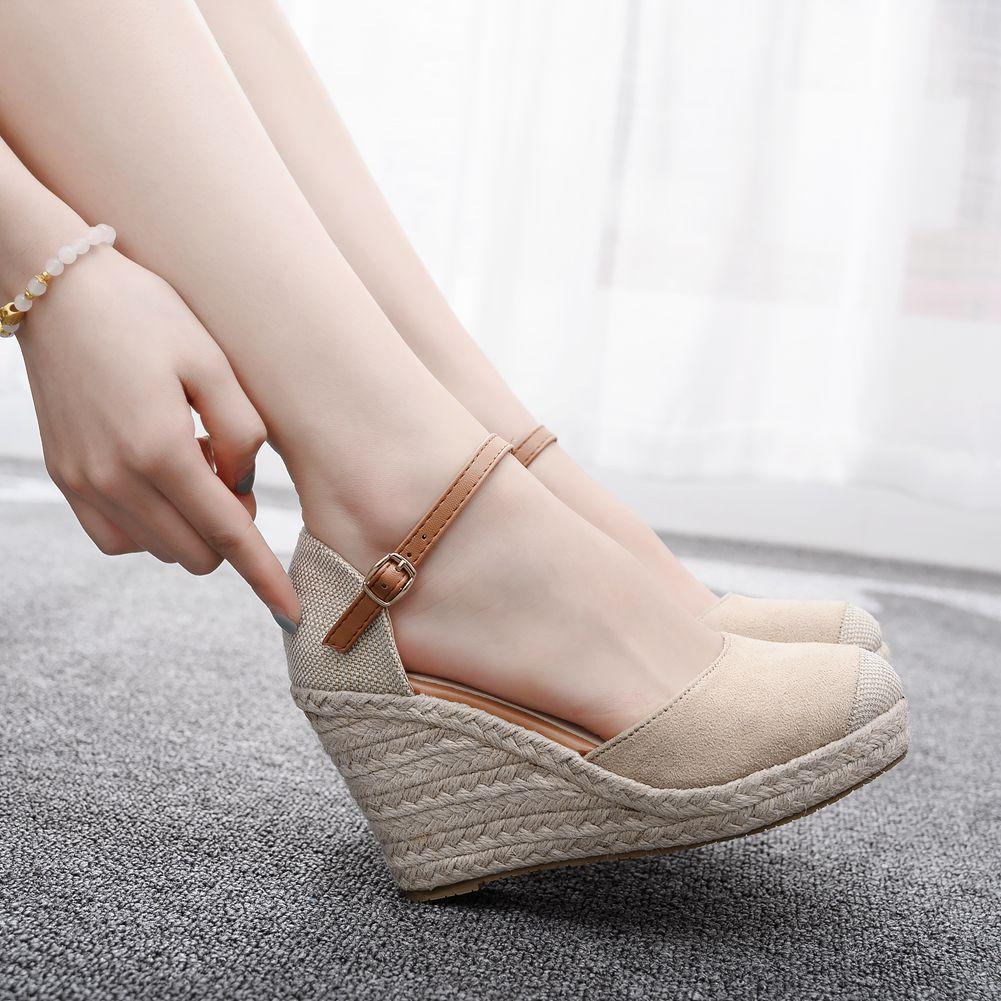 NEU Espadrilles-Sandalen mit geschlossener Spitze für Damen, bequeme Slip-On-Heels mit überkreuzten Riemen, lässige Outdoor-Stoffschuhe 35 beige von Joom DACH
