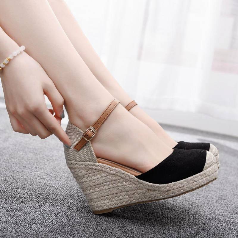 NEU Espadrilles-Sandalen mit geschlossener Spitze für Damen, bequeme Slip-On-Heels mit überkreuzten Riemen, lässige Outdoor-Stoffschuhe 40 schwarz von Joom DACH