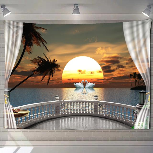 Nachahmung Fenster Wald Landschaft Malerei Tapisserie Wandbehang Böhmischen Stil Psychedelic Mandala Schlafzimmer Wohnkultur 150X100cm von Joom DACH