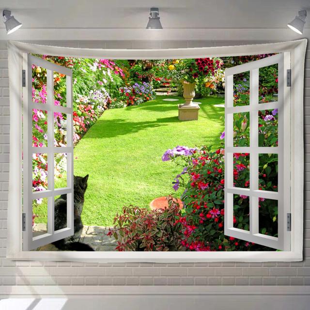 Nachahmung Fenster Wald Landschaft Malerei Tapisserie Wandbehang Böhmischen Stil Psychedelic Mandala Schlafzimmer Wohnkultur 150x130cm von Joom DACH