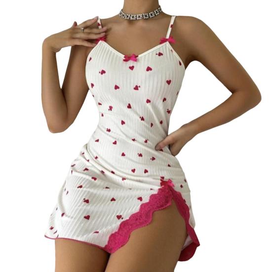 Nachthemd-Höschen-Set, Spitze, geteilter Saum, tief ausgeschnitten, verstellbarer Spaghettiträger, rückenfrei, ärmellos, tiefer V-Ausschnitt, Schleifendekor, Damen-Nachtwäsche M rose rot von Joom DACH