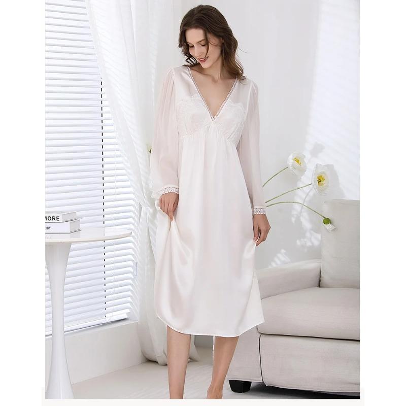Nachthemd aus Maulbeerseide mit tiefem V-Ausschnitt, durchsichtige Ärmel, Satin-Dessous, Sommer-Nachthemd, Nachthemd für Damen, Nachtwäsche 2XL weiß von Joom DACH