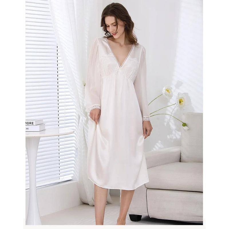Nachthemd aus Maulbeerseide mit tiefem V-Ausschnitt, durchsichtige Ärmel, Satin-Dessous, Sommer-Nachthemd, Nachthemd für Damen, Nachtwäsche 2XL weiß von Joom DACH