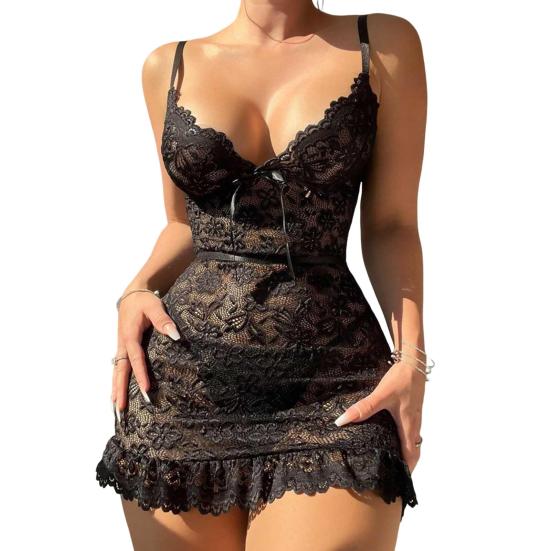 Nachthemd für Damen, tiefer V-Ausschnitt, rückenfrei, ärmellos, Netzstoff, Blumenstickerei, ausgehöhlt, für Hochzeit, Nacht, Flitterwochen 2XL schwarz von Joom DACH