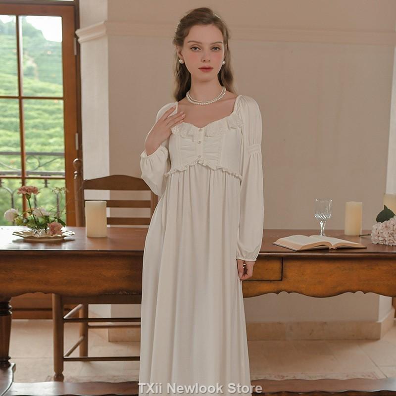 Nachthemd für Damen aus reiner Baumwolle mit langen Ärmeln, neuer königlicher Stil, Spitze, süßes Prinzessinnen-Nachthemd M von Joom DACH