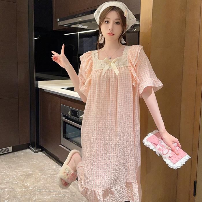 Nachthemd mit Gitter-Kirschmuster, Nachtwäsche für Damen im koreanischen Stil mit Rüschen, Nachthemd, Pyjama, Sommer, Kurzarm, Heimkleidung, Neu 5XL von Joom DACH