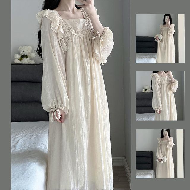 Nachthemd mit Spitze und Rüschen für Damen, koreanische Version des Nachthemds mit Rüschen, Frühling, einteiliger Pyjama, lange Ärmel, quadratischer Kragen, Heimkleidung S beige von Joom DACH