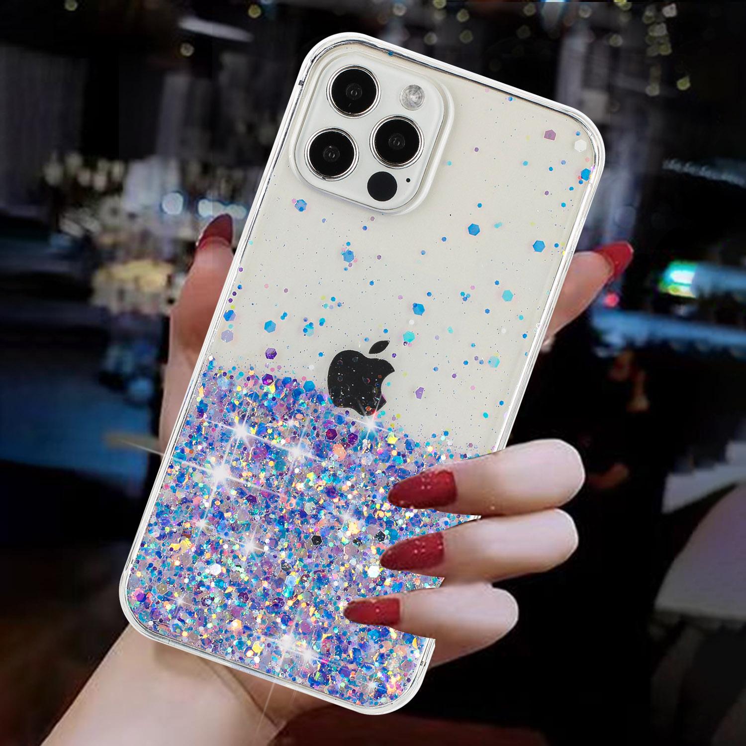 Nachtlicht leuchtende Farbe Sterne Pailletten glänzend Bling Glitter klare Stoßstange Telefon Fall für iPhone 15 14 Pro Max Samsung Galaxy Silikon TPU Rückseite iPhone 14 violett von Joom DACH