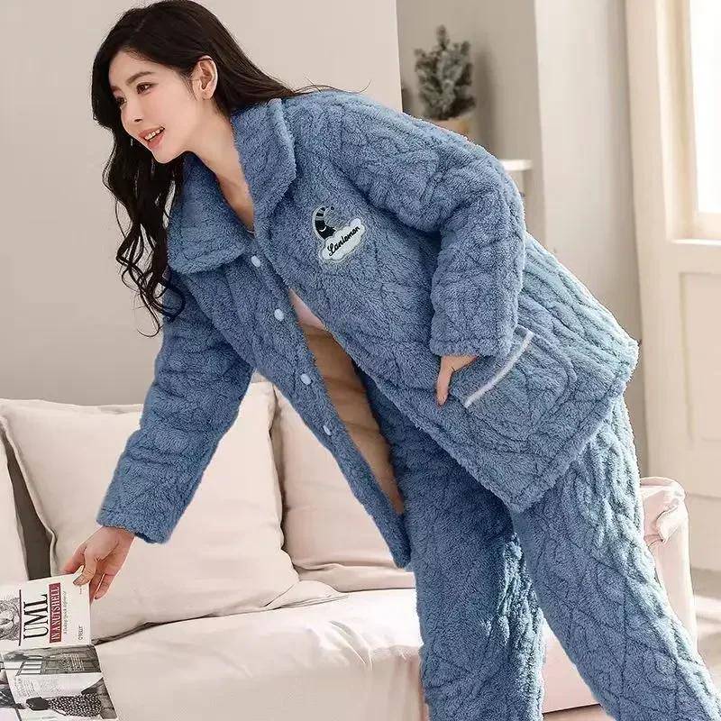 Nachtwäsche Damen Winter Home Schlafkleidung Dreilagiges Nachthemd aus dicker Baumwolle Flanell Korallenvlies Warmer Mantel Großes Homewear-Set 2XL von Joom DACH