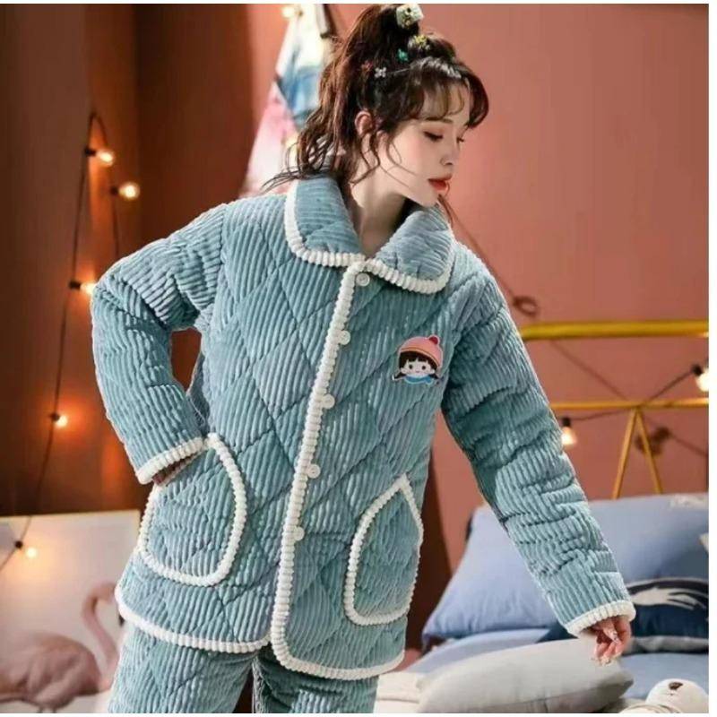 Nachtwäsche Damen Winter Home Schlafkleidung Dreilagiges Nachthemd aus dicker Baumwolle Flanell Korallenvlies Warmer Mantel Großes Homewear-Set XL von Joom DACH