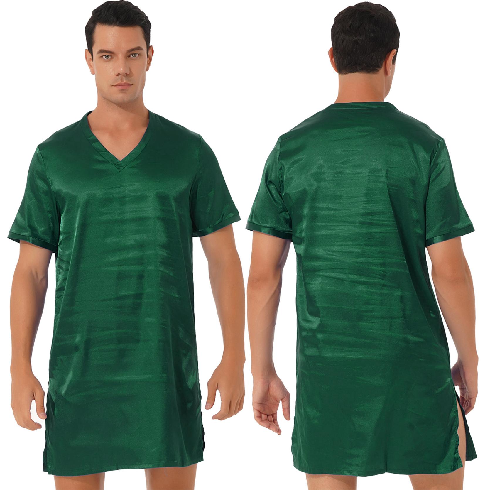 Nachtwäsche Herren-Nachthemd aus Seidensatin, kurzärmelig, Pyjama, Nachthemd, Nachthemden zum Schlafen 4XL dunkelgrüne von Joom DACH