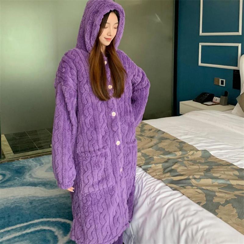 Nachtwäsche für Damen, extra lang, Winterplüsch und extra dicke Flanell-Isolierung, Korallensamt, Heimkleidung, Pyjamas draußen tragen 3XL von Joom DACH