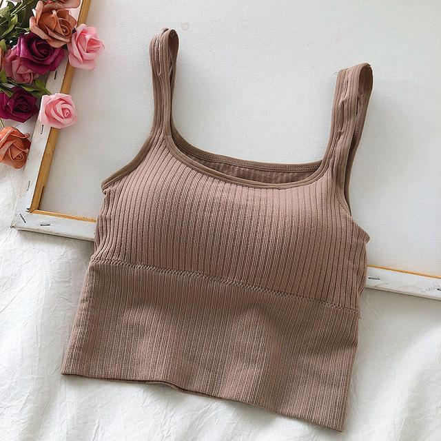 Nahtloses Crop-Top für Damen, Unterwäsche, drahtlos, U-förmiges Leibchen, breite Träger, gestreift, solide Bralette, Dessous, einteilige Tube-Tops One Size kaffeebraun von Joom DACH