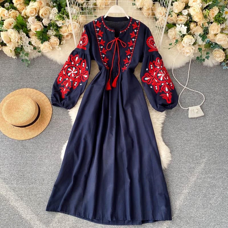 Nationalen Stil Elegante Einteiliges Kleid Frauen Blume Drucken Vintage Party Midi Kleid Weibliche Lose Mode Retro Design Kleider 2024 S navy blau von Joom DACH