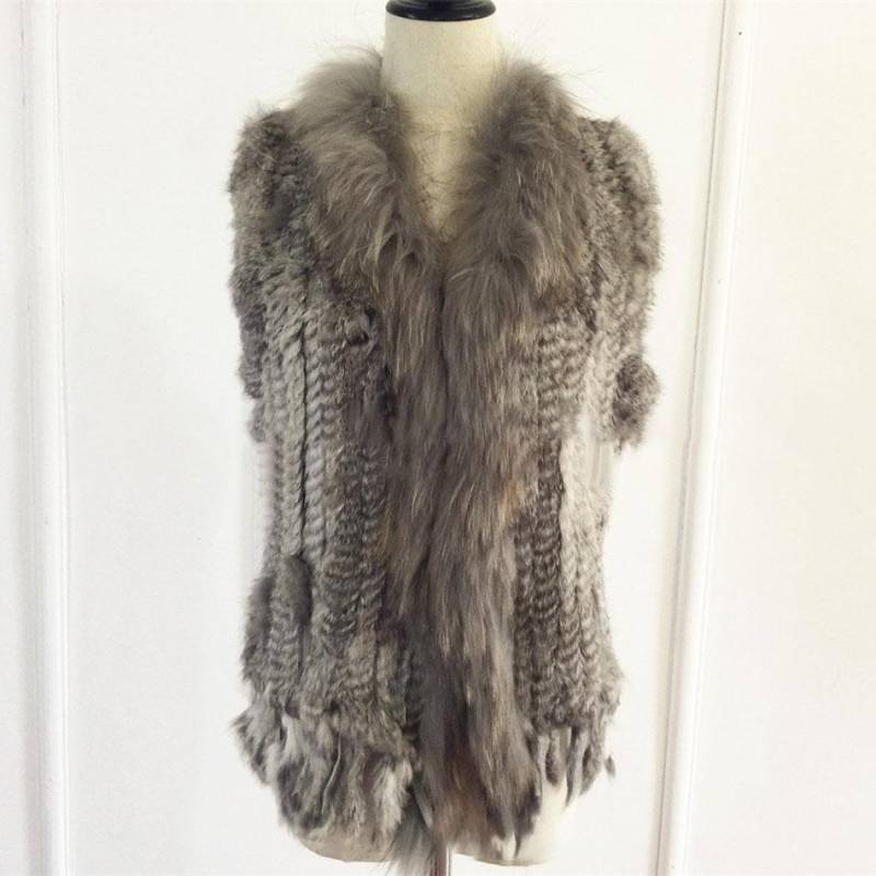 Natürliche Kaninchenfell-Strickweste mit Quastenfell, warme ärmellose Damen-Pelzweste mit Waschbärfellbesatz L von Joom DACH