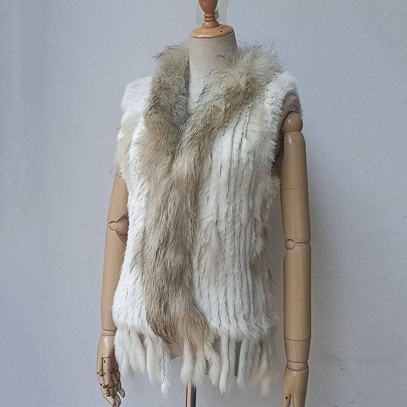 Natürliche Kaninchenfell-Strickweste mit Quastenfell, warme ärmellose Damen-Pelzweste mit Waschbärfellbesatz S von Joom DACH