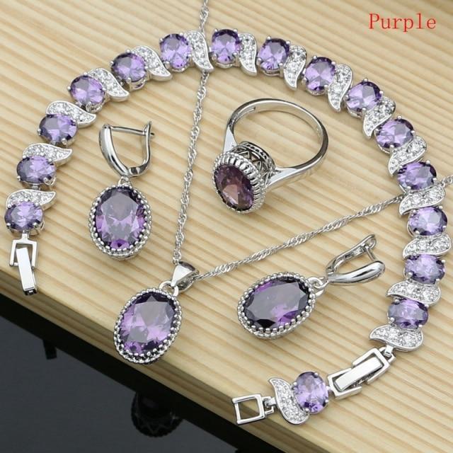 Natürlicher 925er Silberschmuck, roter Geburtsstein, Charm-Schmuckset für Damen, Ohrringe/Anhänger/Halskette/Ring/Armbänder 10 violett von Joom DACH