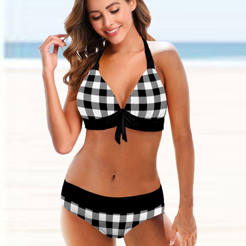 Neckholder-Bikini-Tankini-Badeanzug für Damen mit blauen Punkten und weißen Quadraten 5XL von Joom DACH