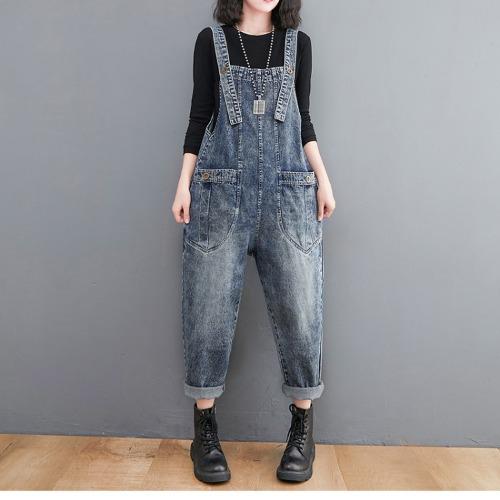 Neckholder-Hose Artsy Denim Hosenträger Damen Retro Übergröße Baggy Weite Hose Mode Lässige Harenhose Sommer und Herbst L dunkelblaue von Joom DACH