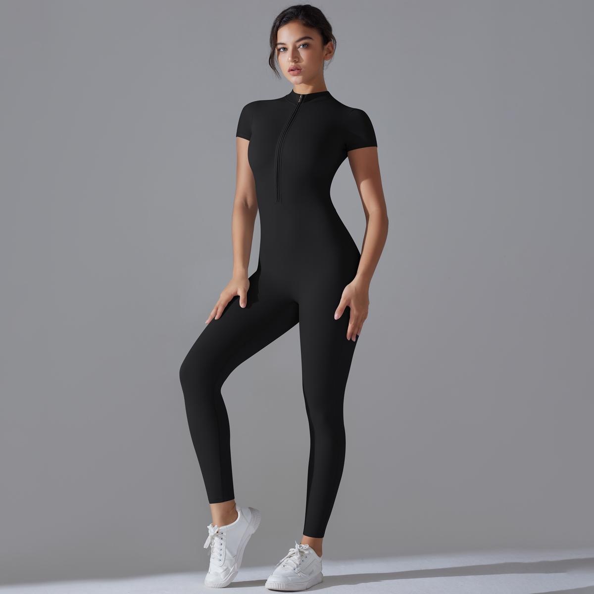 Nessaj Reißverschluss Yoga-Overall Damen Tanz-Strampler Gym Einteiler Fitnessanzug Schlank Push-Up Sport-Set M schwarz von Joom DACH