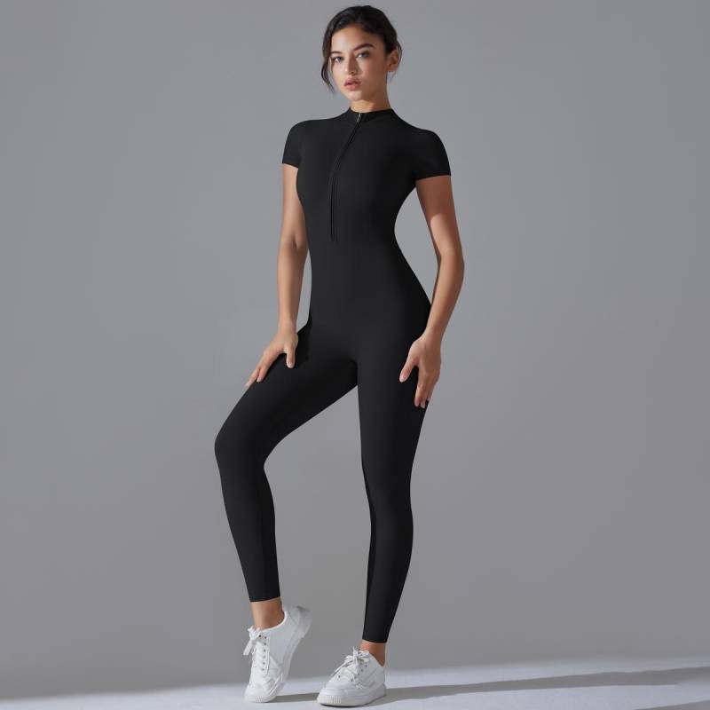 Nessaj Reißverschluss Yoga-Overall Damen Tanz-Strampler Gym Einteiler Fitnessanzug Schlank Push-Up Sport-Set M schwarz von Joom DACH
