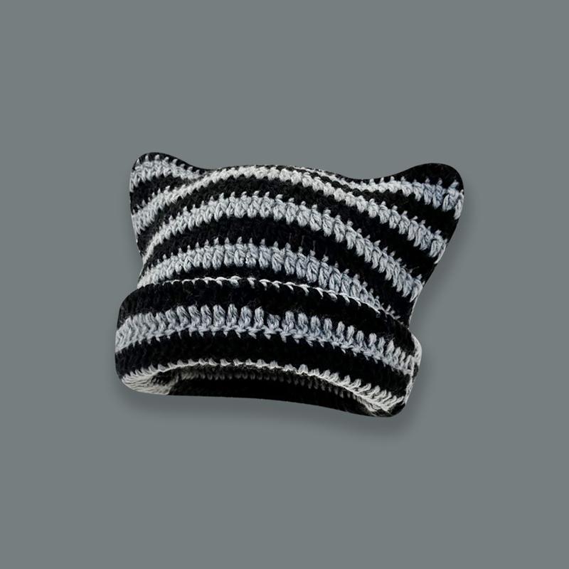 Nette Teufel Horn Stricken Gestreiften Beanie Hut Herbst Winter Gestrickte Wolle Caps Mädchen Katze Ohr Spitzen Pullover Frauen Motorhaube Hüte schwarz/grau von Joom DACH