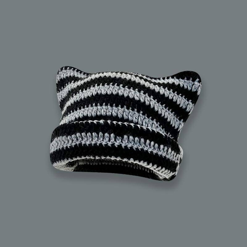 Nette Teufel Horn Stricken Gestreiften Beanie Hut Herbst Winter Gestrickte Wolle Caps Mädchen Katze Ohr Spitzen Pullover Frauen Motorhaube Hüte schwarz/grau von Joom DACH