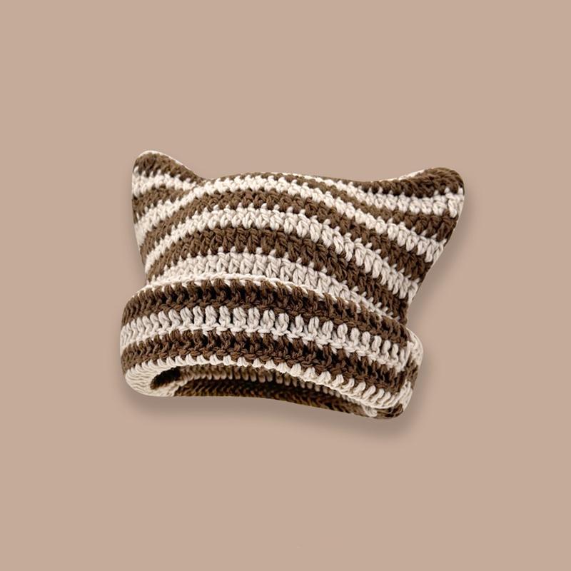 Nette Teufel Horn Stricken Gestreiften Beanie Hut Herbst Winter Gestrickte Wolle Caps Mädchen Katze Ohr Spitzen Pullover Frauen Motorhaube Hüte braun/khaki von Joom DACH