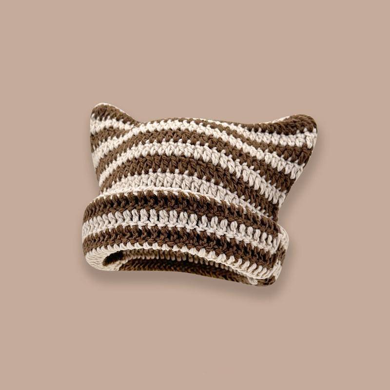 Nette Teufel Horn Stricken Gestreiften Beanie Hut Herbst Winter Gestrickte Wolle Caps Mädchen Katze Ohr Spitzen Pullover Frauen Motorhaube Hüte khaki/braun von Joom DACH