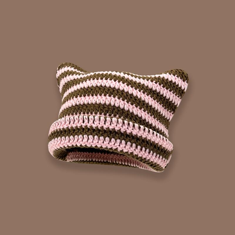Nette Teufel Horn Stricken Gestreiften Beanie Hut Herbst Winter Gestrickte Wolle Caps Mädchen Katze Ohr Spitzen Pullover Frauen Motorhaube Hüte braun/rosa von Joom DACH