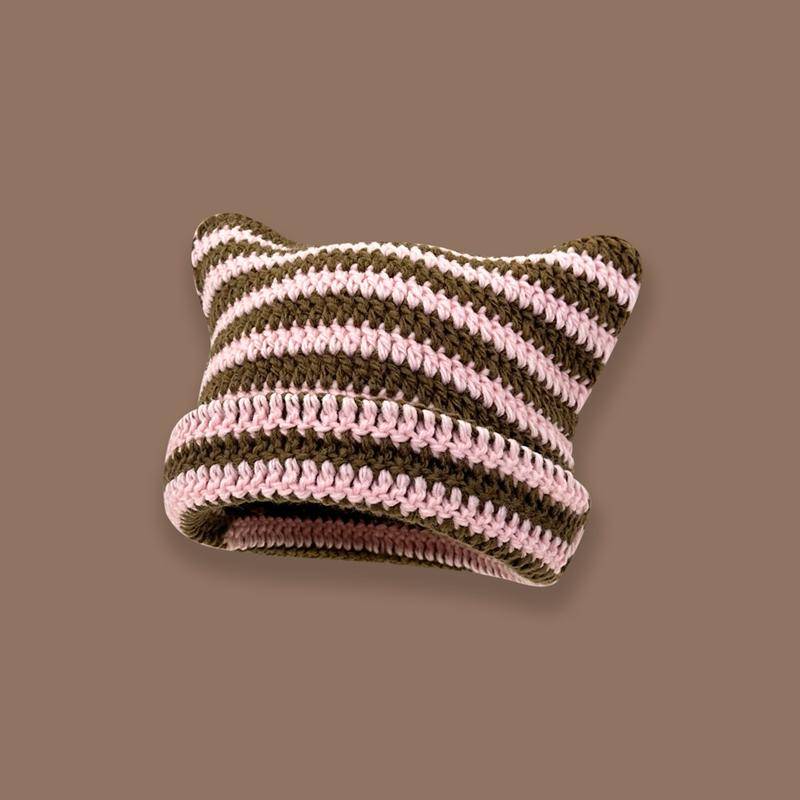 Nette Teufel Horn Stricken Gestreiften Beanie Hut Herbst Winter Gestrickte Wolle Caps Mädchen Katze Ohr Spitzen Pullover Frauen Motorhaube Hüte braun/rosa von Joom DACH