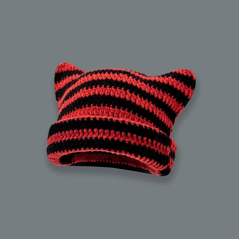 Nette Teufel Horn Stricken Gestreiften Beanie Hut Herbst Winter Gestrickte Wolle Caps Mädchen Katze Ohr Spitzen Pullover Frauen Motorhaube Hüte schwarz/rot von Joom DACH
