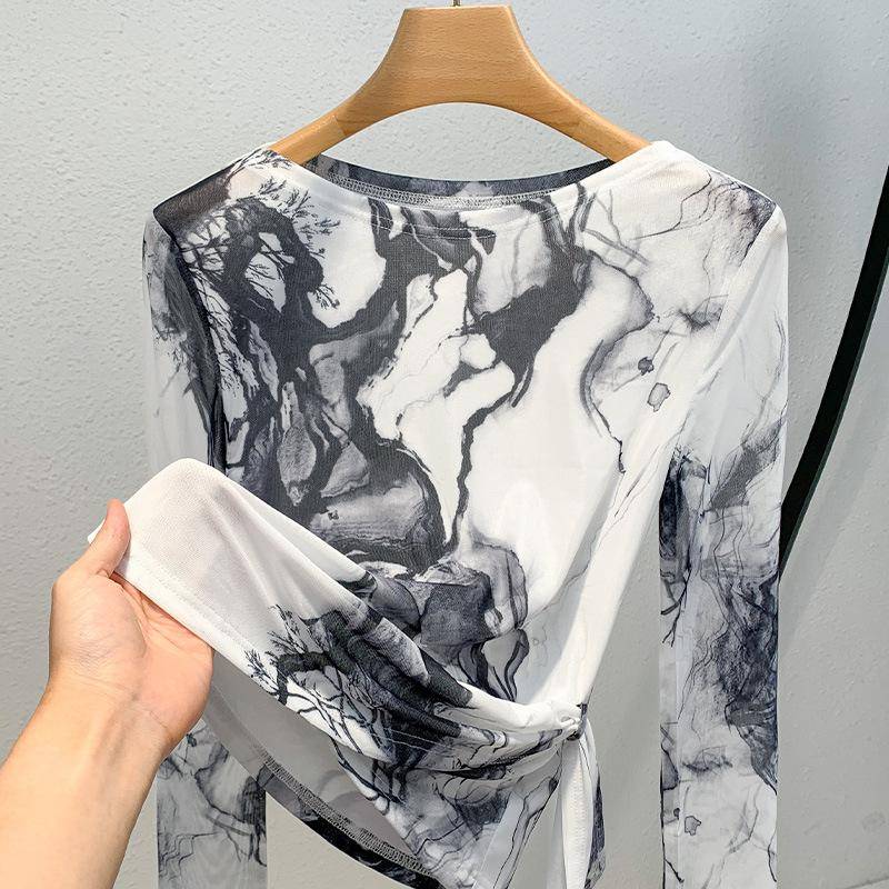 Netz-Basisshirt für Damen Neujahr Damen T-Shirt mit Tintenaufdruck einseitig schulterfrei 3XL von Joom DACH