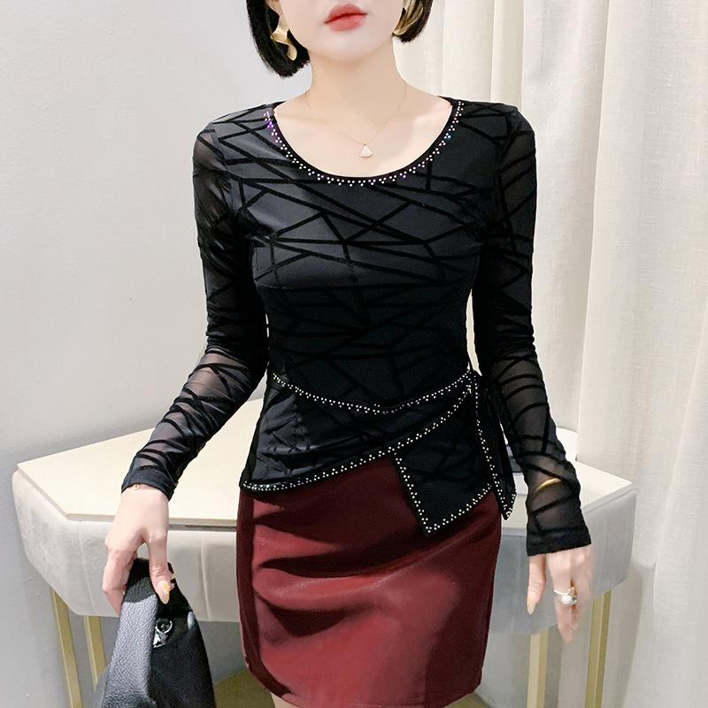 Netz-Basisshirt für Damen im Winter Schwerindustrie Bügeloberteil Slim Langarm-T-Shirt 3XL schwarz von Joom DACH