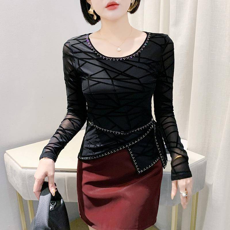 Netz-Basisshirt für Damen im Winter Schwerindustrie Bügeloberteil Slim Langarm-T-Shirt 3XL schwarz von Joom DACH