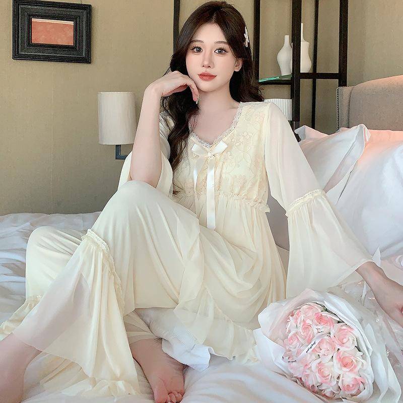 Netz-Pyjama im Prinzessinnen-Stil, langärmelig, Pyjama-Set für Mädchen, süße Heimkleidung, Frühlings- und Sommer-Pyjama, modale Hemden und Hosen, Heimkleidung 2XL von Joom DACH