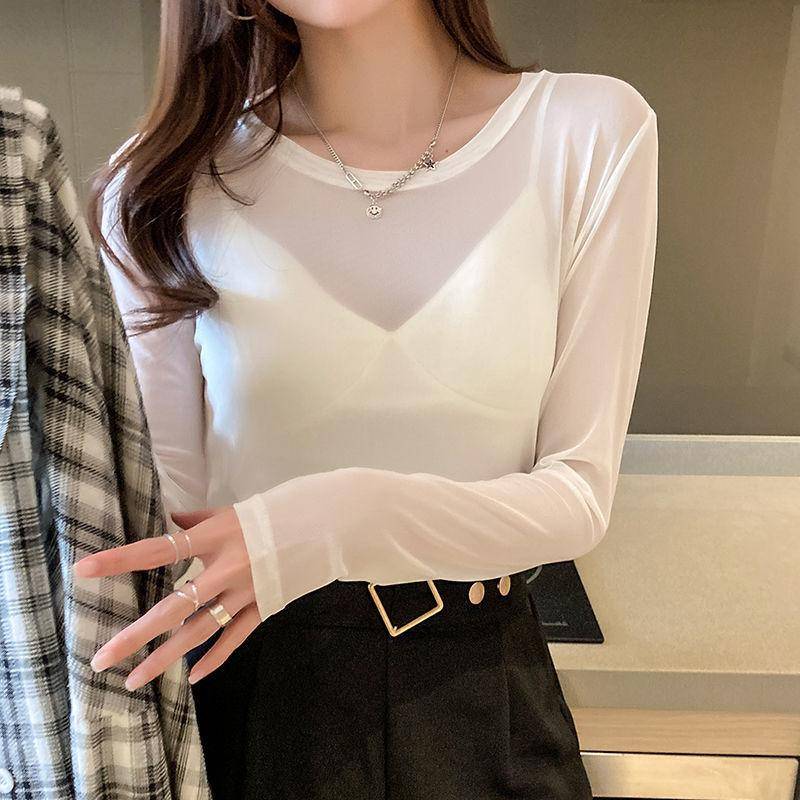 Netzrotes, transparentes T-Shirt für Damen, Frühling/Sommer, schmale Passform, einfarbiges Netz, langärmlig, vielseitiges, leichtes und atmungsaktives Unterhemd XL weiß von Joom DACH