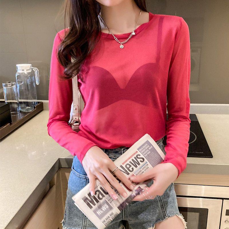 Netzrotes, transparentes T-Shirt für Damen, Frühling/Sommer, schmale Passform, einfarbiges Netz, langärmlig, vielseitiges, leichtes und atmungsaktives Unterhemd XL rose rot von Joom DACH