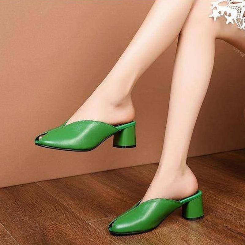 Neu 2024 grün Slip-on Hausschuhe Hochhackige Damen Maultiere Pumps Peep Toe Quadratische Ferse Herbst Casual Sandalen 35 schwarz von Joom DACH