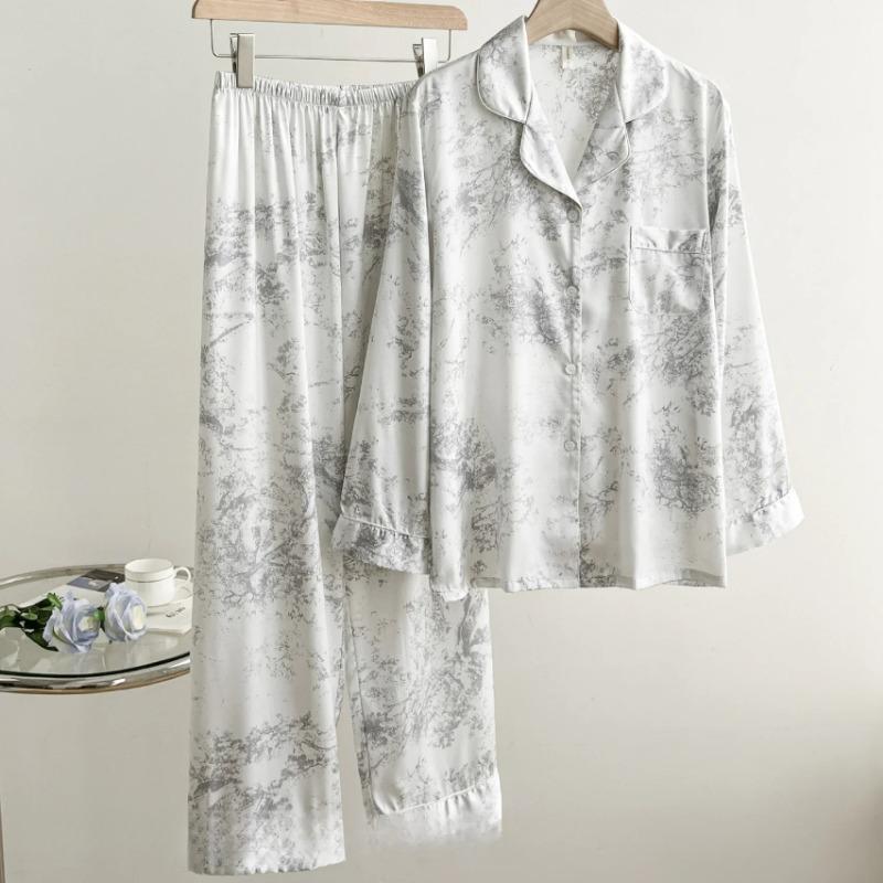 Neu Chinesischen Stil Druck Blume Nachtwäsche Loungewear Frauen 2PCS Pyjamas Set Langarm Hosen Anzüge Elegante Satin Homewear XL von Joom DACH