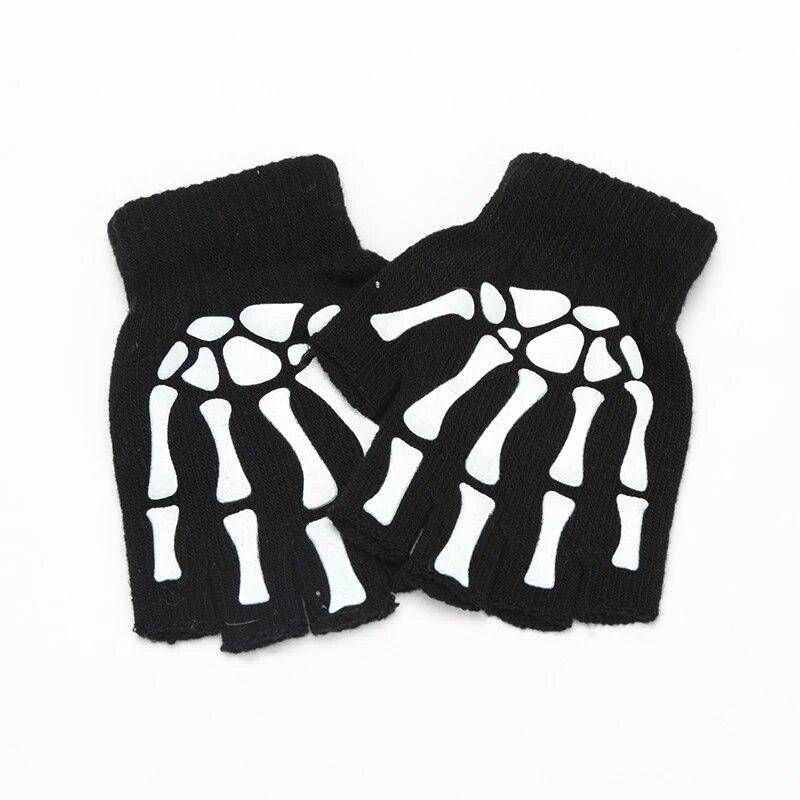 Neu Erwachsene Kinder Halloween Skelett Schädel Halb Finger Leucht Punk Handschuhe Winter One Size schwarz von Joom DACH
