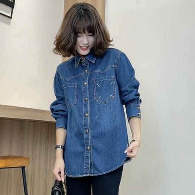 Neu Frauen Bluse Herbst Casual Denim Blau Vintage Oberbekleidung Langarm Lose Taste Bluse One Size blau von Joom DACH