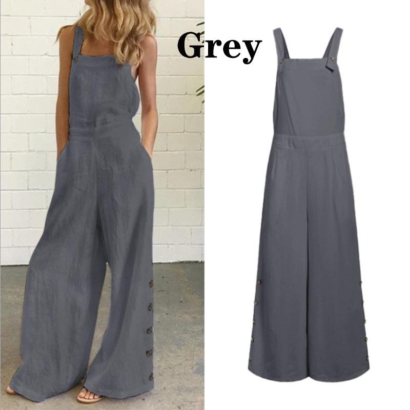 Neu Frauen Square Neck Sleeveless Reine Baumwolle Breite Bein Overalls L grau von Joom DACH