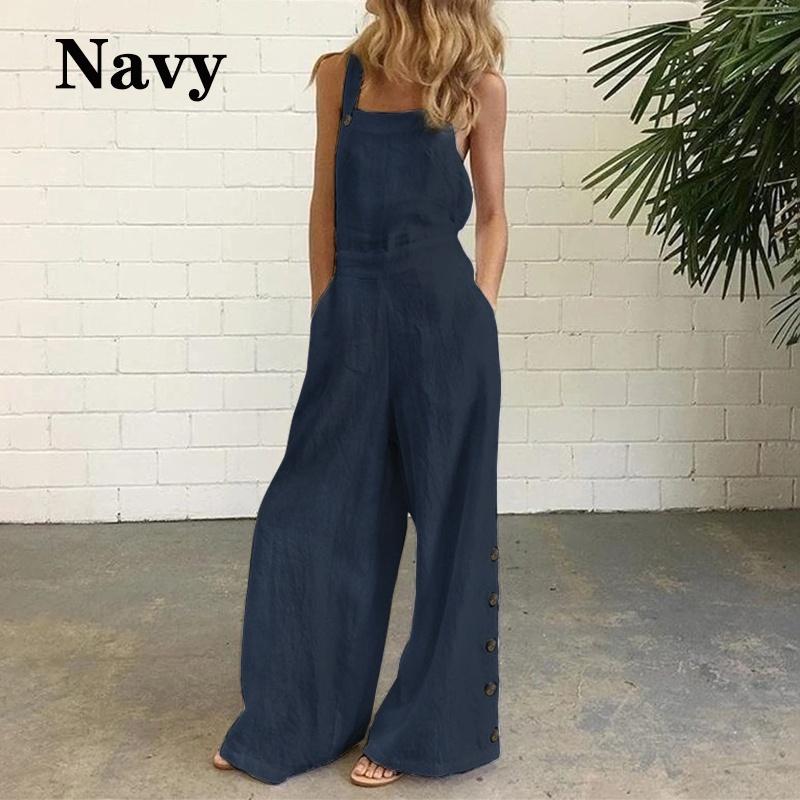 Neu Frauen Square Neck Sleeveless Reine Baumwolle Breite Bein Overalls L navy blau von Joom DACH