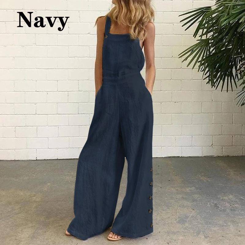 Neu Frauen Square Neck Sleeveless Reine Baumwolle Breite Bein Overalls L navy blau von Joom DACH